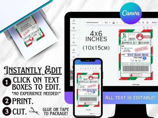 Customizable elf postage label, editable PDF template for North Pole express delivery, printable Christmas prop for holiday elf scenes