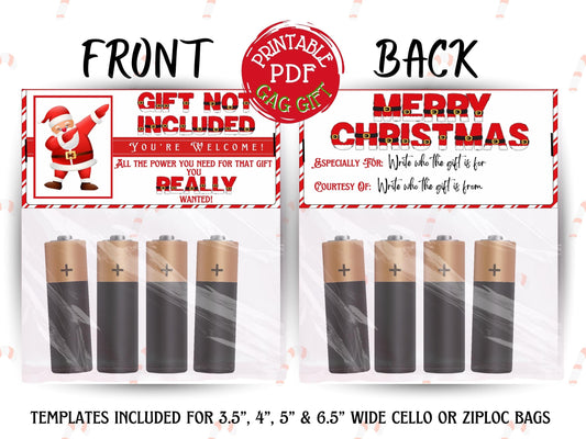 Batteries Not Included printable toppers on cello bags, hilarious gag gift for coworkers, office Christmas parties, or holiday gift exchanges.