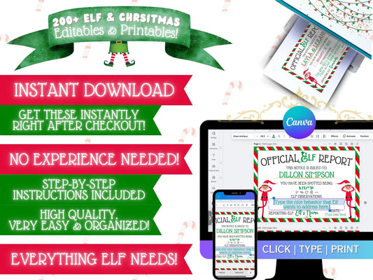 Digital PDF elf template pack with editable letters, certificates, and mini props for Christmas kids scenes and DIY holiday setups