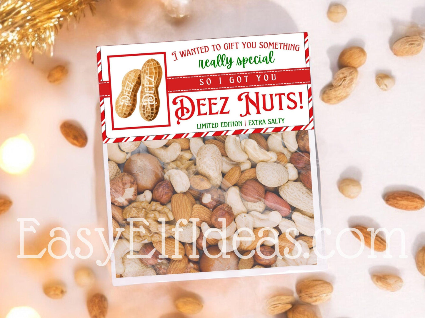 Deez Nuts Christmas printable bag topper template for peanuts gag gift, easy to print, cut, and fold at home for holiday laughs.