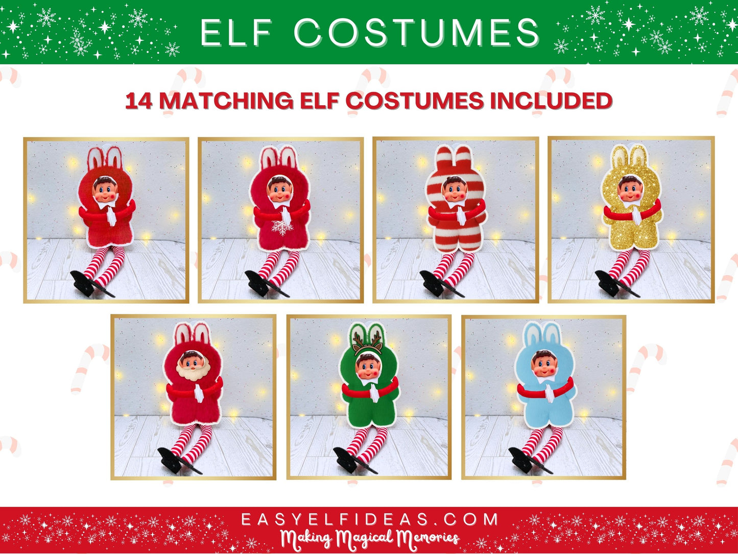 Elf costumes displayed in a grid with a festive background, featuring text about matching elf costumes by EASYELFIDEAS.com