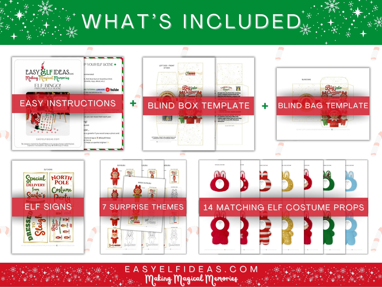 Printable DIY Elfbubu Mystery Blind Box Collection with seven collectible Christmas Elf designs — easy to assemble holiday craft for kids and families.