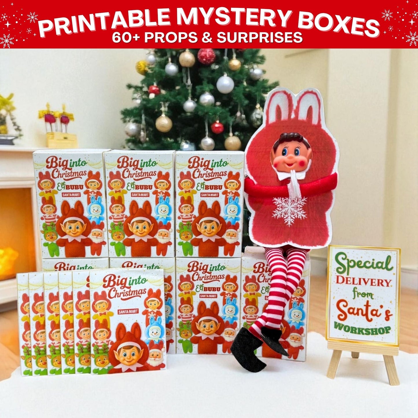 Completed Elfbubu Mystery Blind Boxes with matching printable surprise bags and Elf props — perfect for Christmas scenes, stocking stuffers, or gag gifts.