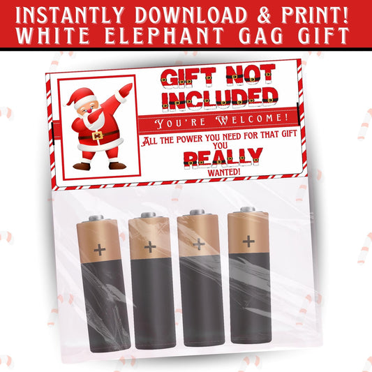 Printable “Batteries Not Included” bag topper folded over holiday treat bag, funny Christmas gag gift for stocking stuffers and white elephant party favor.