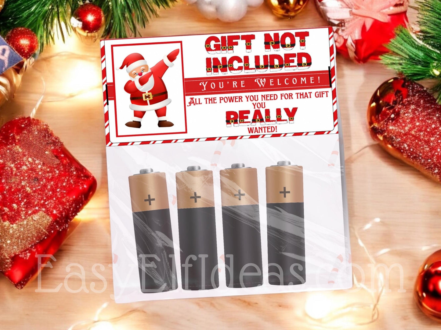Funny printable Batteries Not Included topper template for Christmas gag gifts, stocking stuffers, office parties, and holiday treat bags.
