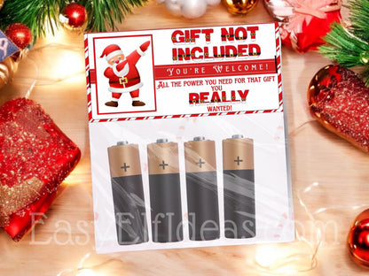 Funny printable Batteries Not Included topper template for Christmas gag gifts, stocking stuffers, office parties, and holiday treat bags.