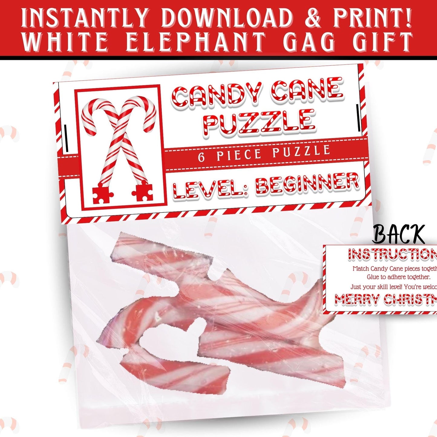 Beginner level Candy Cane Puzzle bag topper on cello bag, funny printable gag gift for Christmas white elephant party favor, instant PDF download.