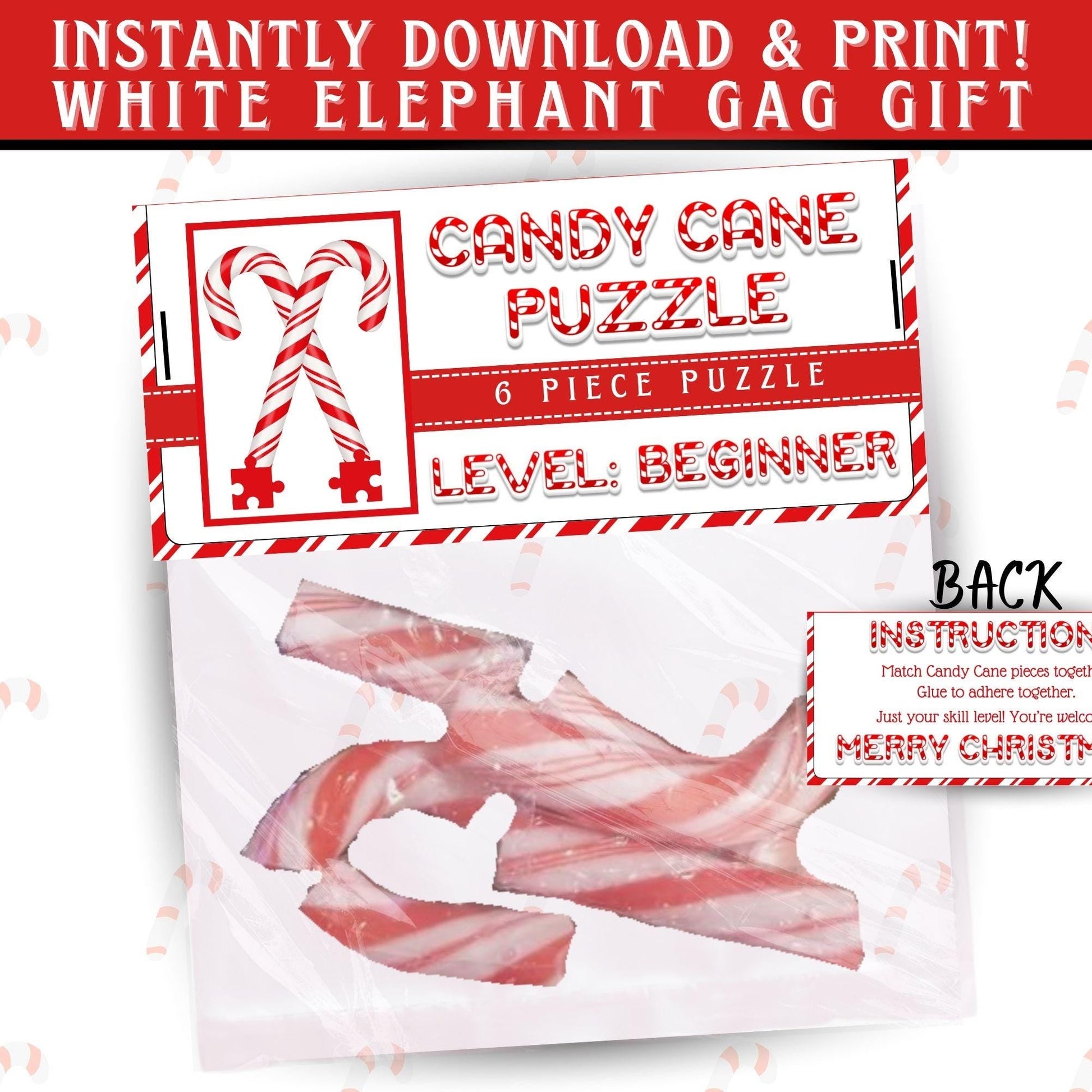 Beginner level Candy Cane Puzzle bag topper on cello bag, funny printable gag gift for Christmas white elephant party favor, instant PDF download.