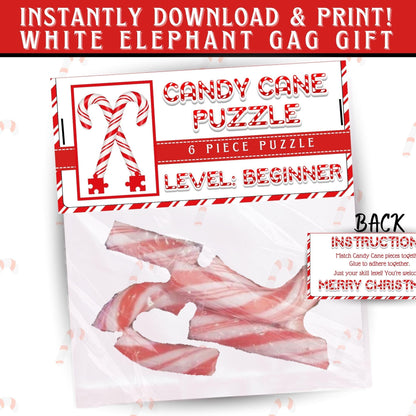 Beginner level Candy Cane Puzzle bag topper on cello bag, funny printable gag gift for Christmas white elephant party favor, instant PDF download.