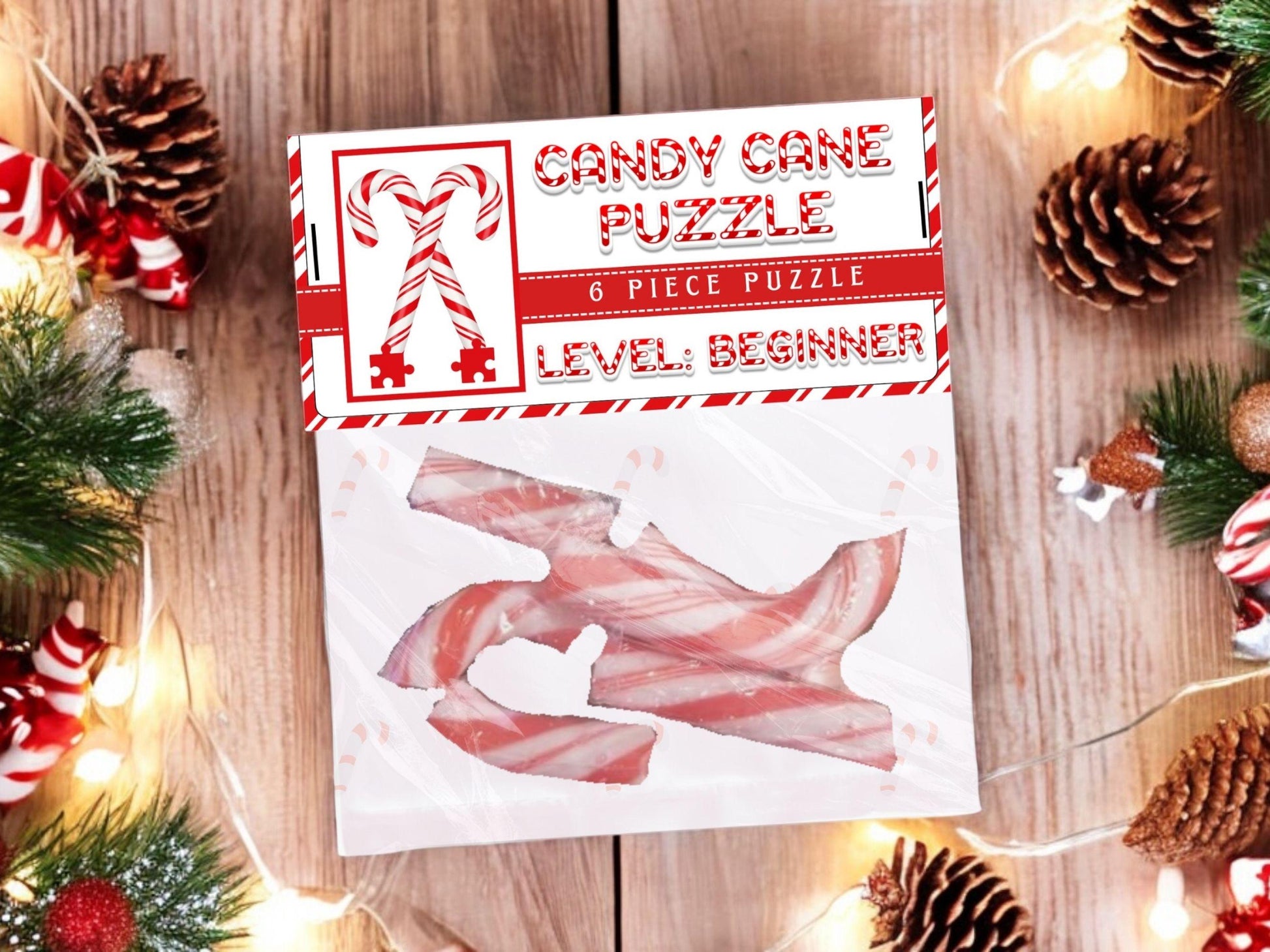 Beginner printable Candy Cane Puzzle bag topper template for holiday treat bags, stocking stuffer, or white elephant Christmas gag gift.