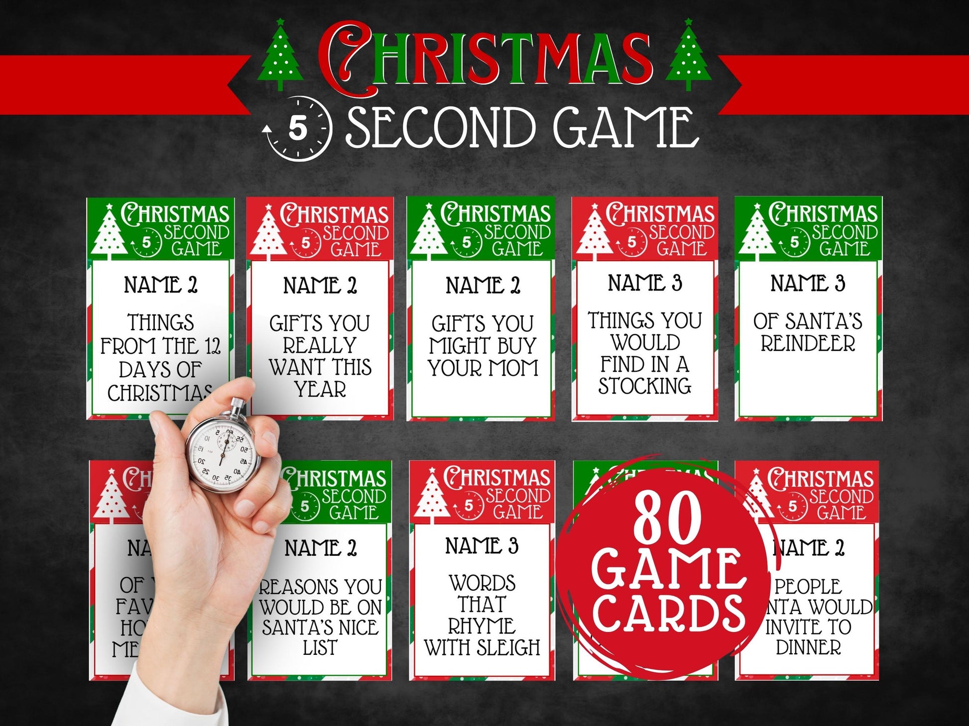 Printable Christmas 5 Second Game, fun holiday party activity for kids, family, school, and office gatherings