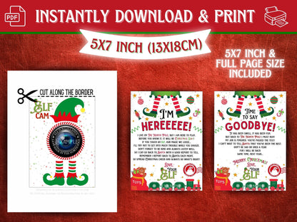 Fun printable Christmas elf arrival and goodbye letters with elf cam behavior surveillance sign