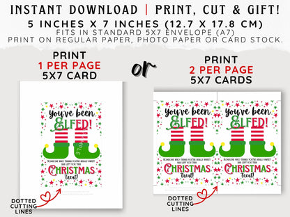 Cute printable You’ve Been Elfed card for Christmas elf traditions and holiday gifting baskets