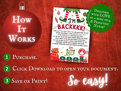 I’m Back Elf Letter Template – Christmas Elf Arrival Printable PDF – North Pole Note for Families and Kids