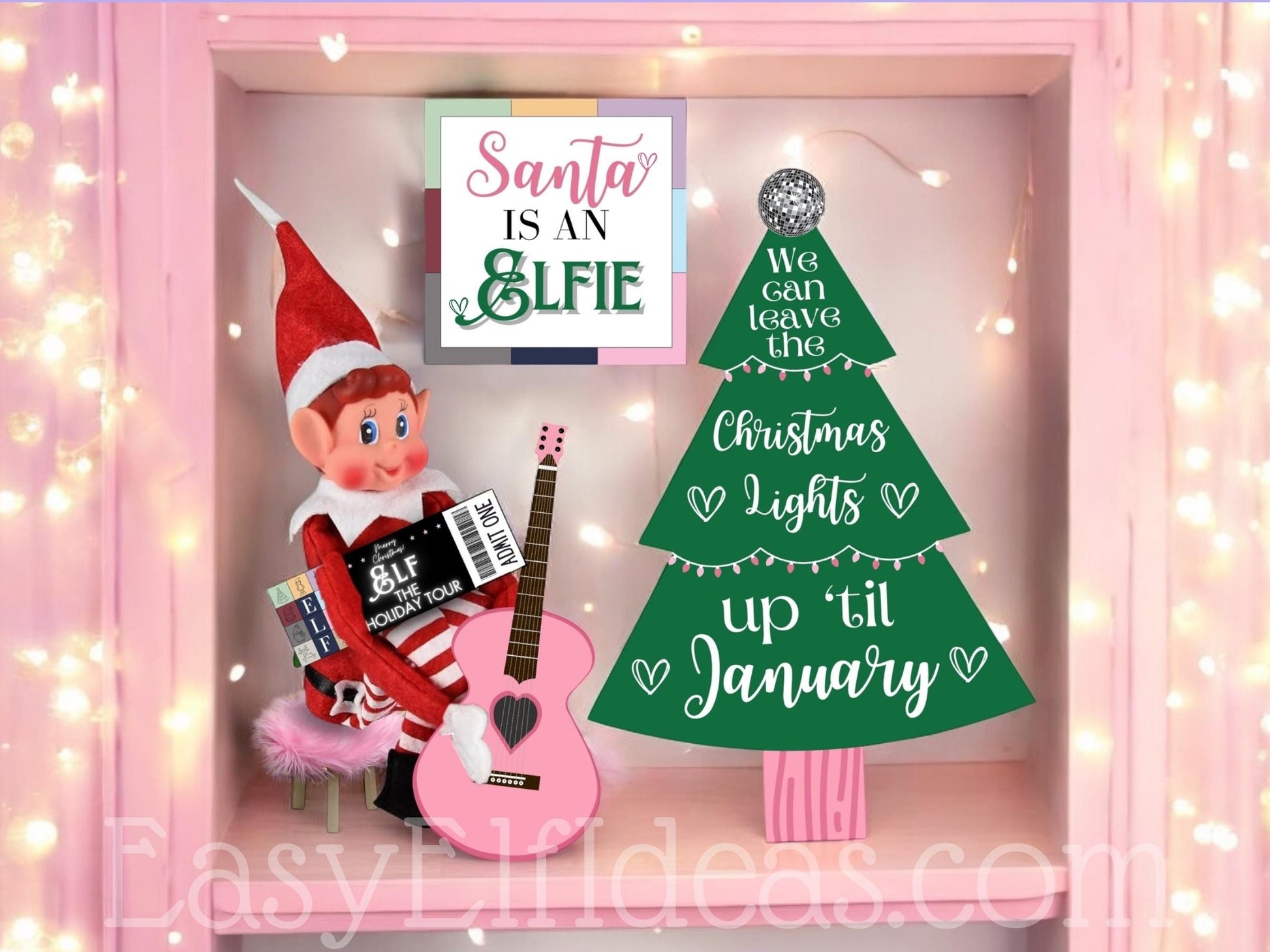 DIY printable Christmas elf eras concert scene accessories with mini tree, guitar, and disco ball