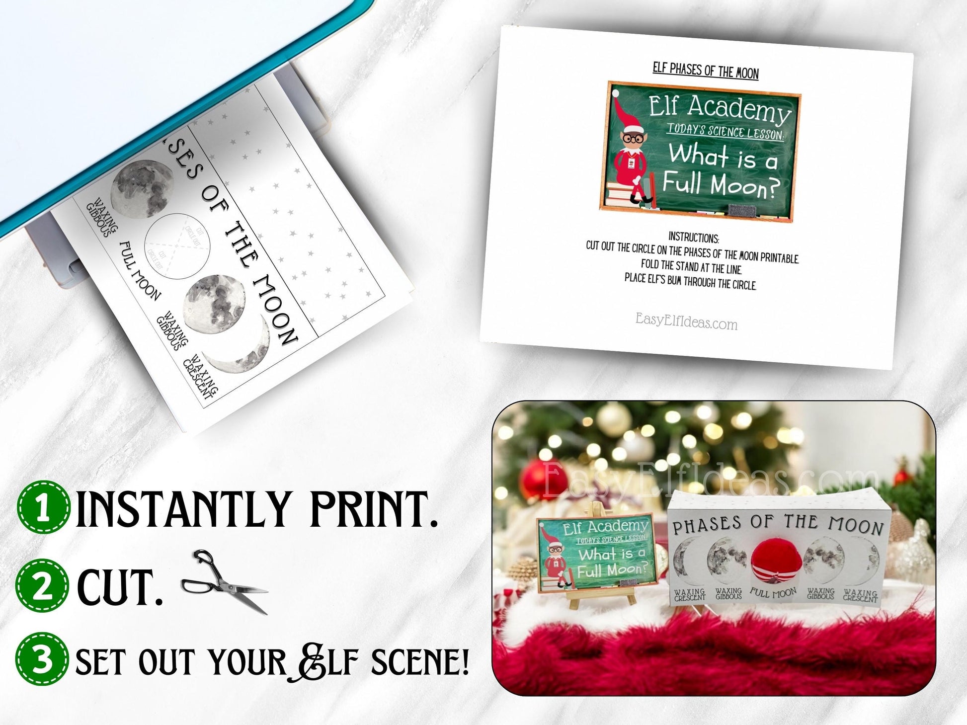 Cute printable elf scene props featuring the full moon for holiday classroom fun and funny Christmas elf traditions