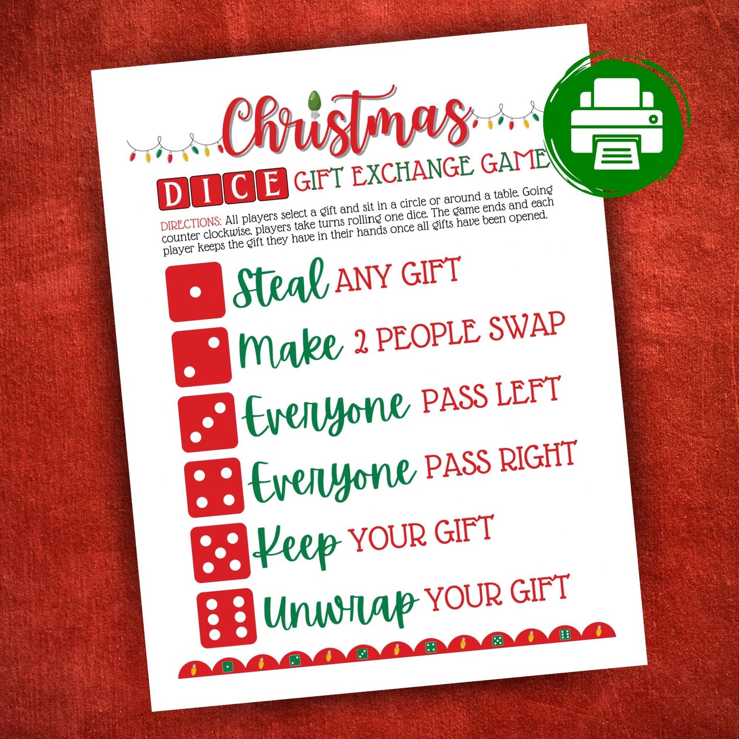 Printable Christmas dice gift exchange game with festive lights design, fun holiday activity for family, work, or school parties
