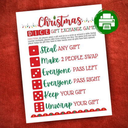 Printable Christmas dice gift exchange game with festive lights design, fun holiday activity for family, work, or school parties