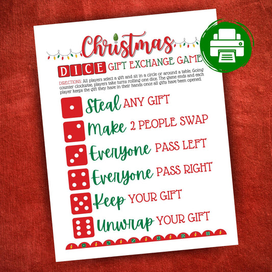 Printable Christmas dice gift exchange game with festive lights design, fun holiday activity for family, work, or school parties
