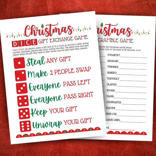 Printable Christmas Lights party games bundle with gift exchange and word scramble, fun holiday activity for family, work, or school