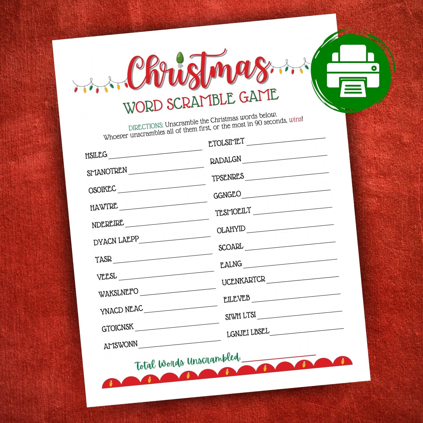 Printable Christmas Lights word scramble game for kids, family, work, or school holiday party fun, instant digital PDF