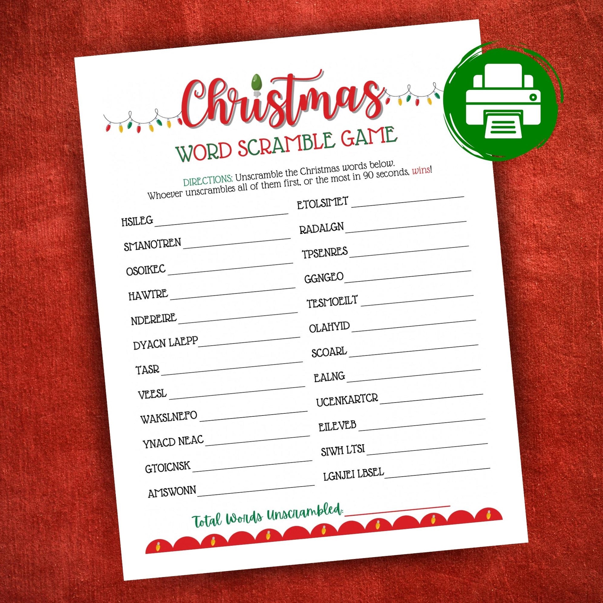 Printable Christmas Lights word scramble game for kids, family, work, or school holiday party fun, instant digital PDF