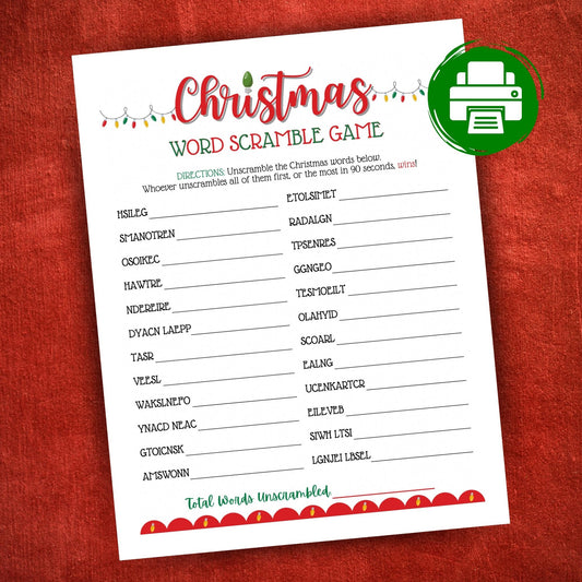 Printable Christmas Lights word scramble game for kids, family, work, or school holiday party fun, instant digital PDF