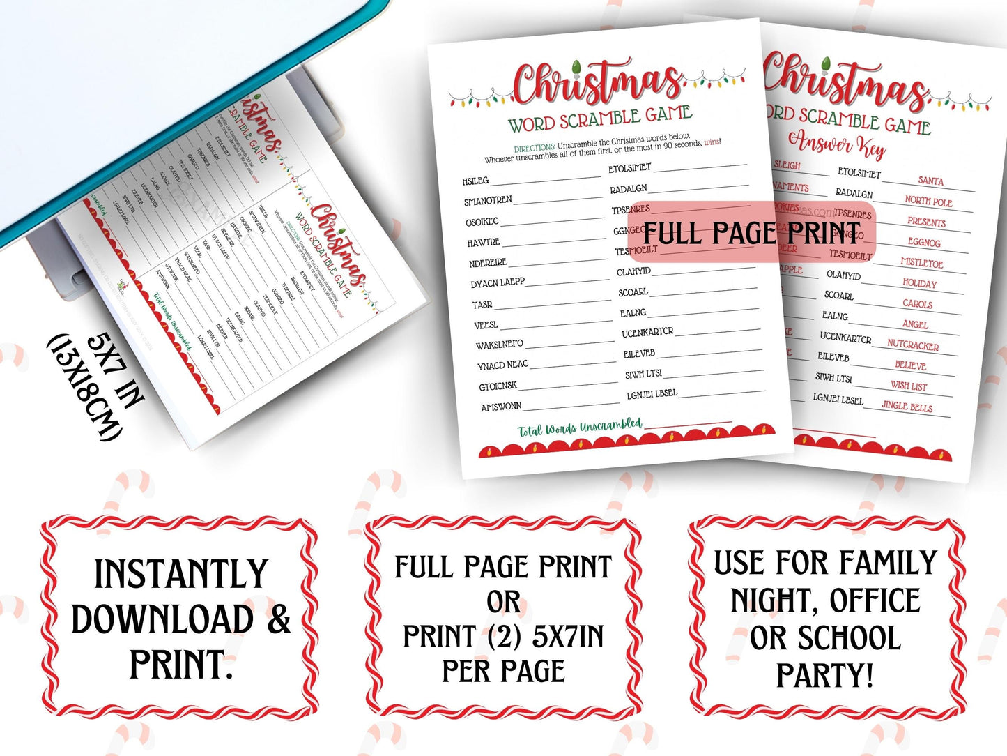 Fun Christmas word scramble game with Christmas lights design, printable PDF for family night, office, or classroom party