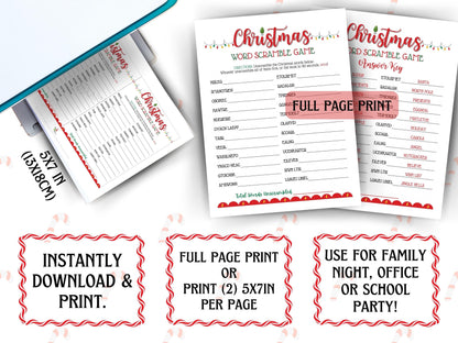 Fun Christmas word scramble game with Christmas lights design, printable PDF for family night, office, or classroom party