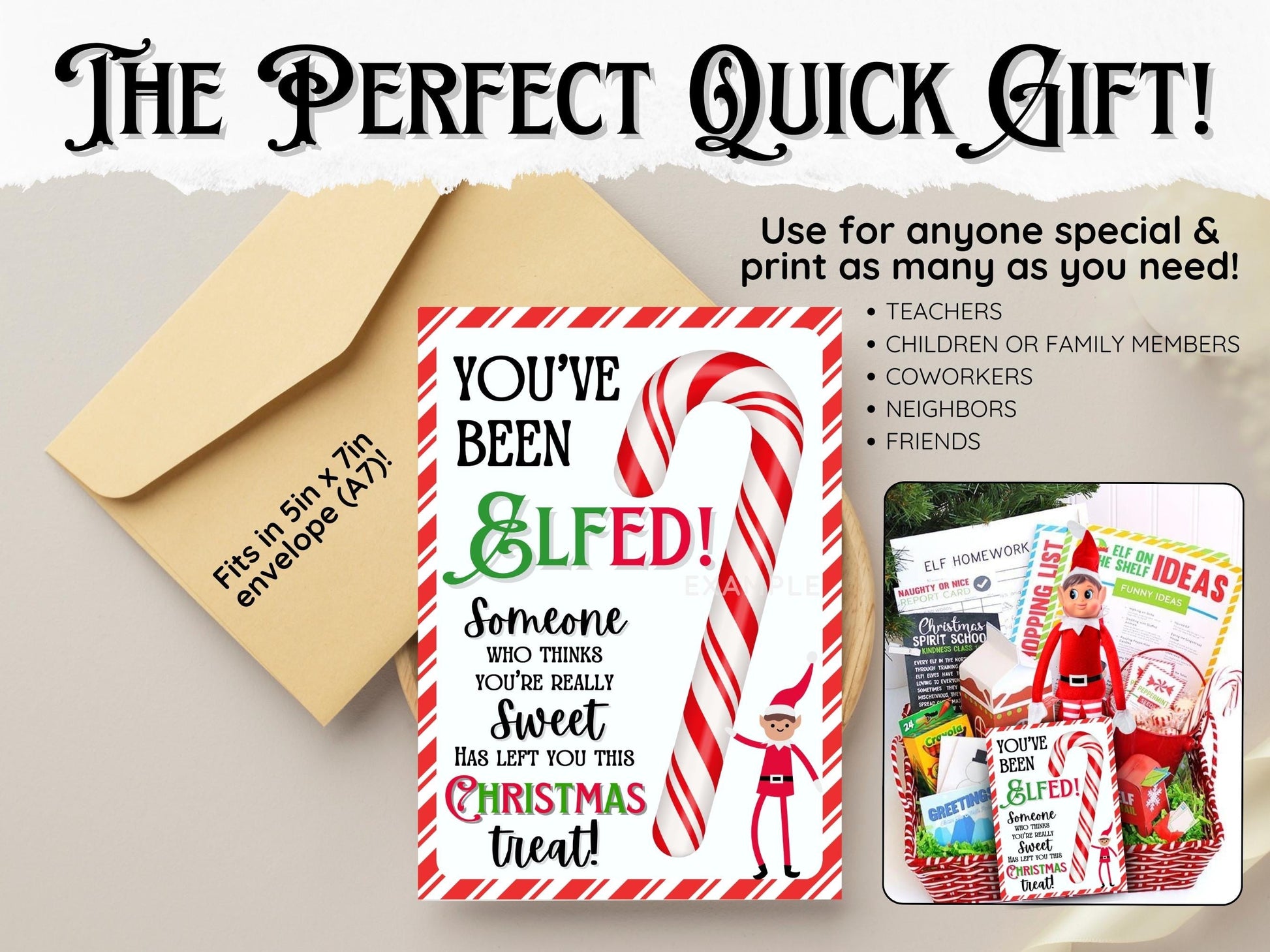 Printable You’ve Been Elfed candy cane treat card for fun Christmas activities, holiday gift exchanges, and kids’ party favors