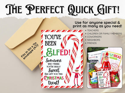 Printable You’ve Been Elfed candy cane treat card for fun Christmas activities, holiday gift exchanges, and kids’ party favors