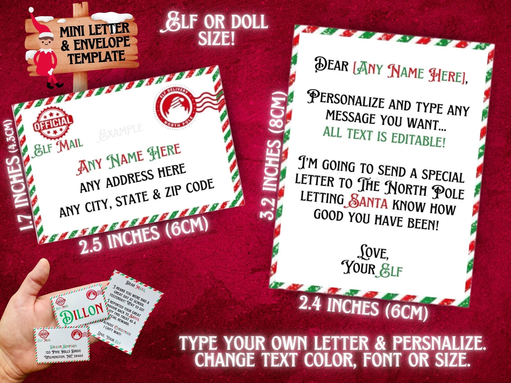 Personalized elf mail with letter and matching envelope Canva template