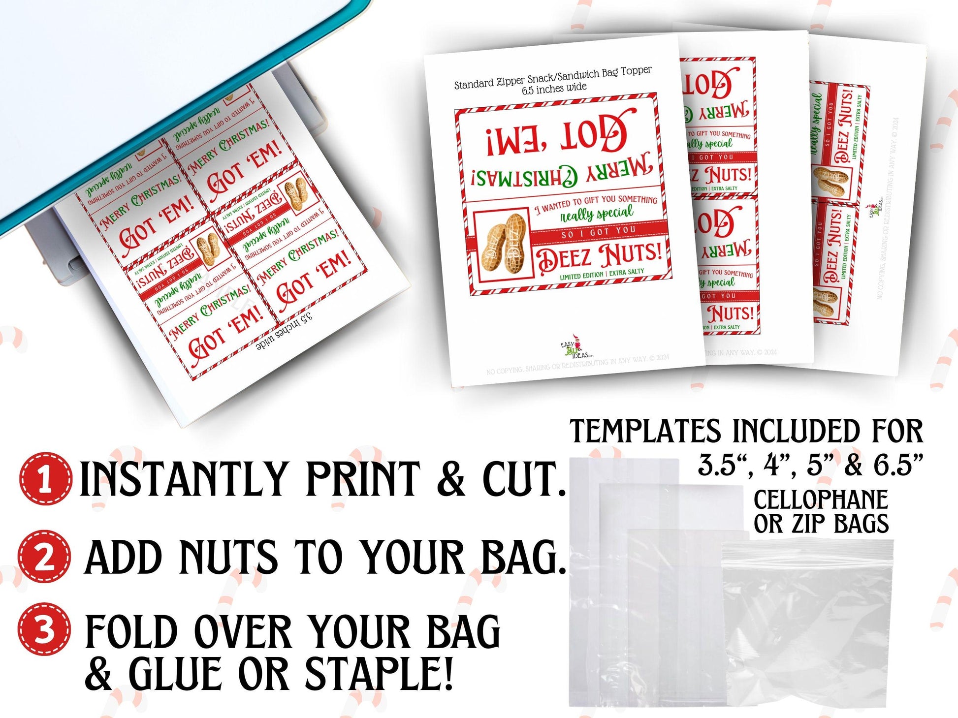 Funny printable Deez Nuts gag gift toppers on holiday treat bags, instant download PDF for office party, friends, or coworkers.