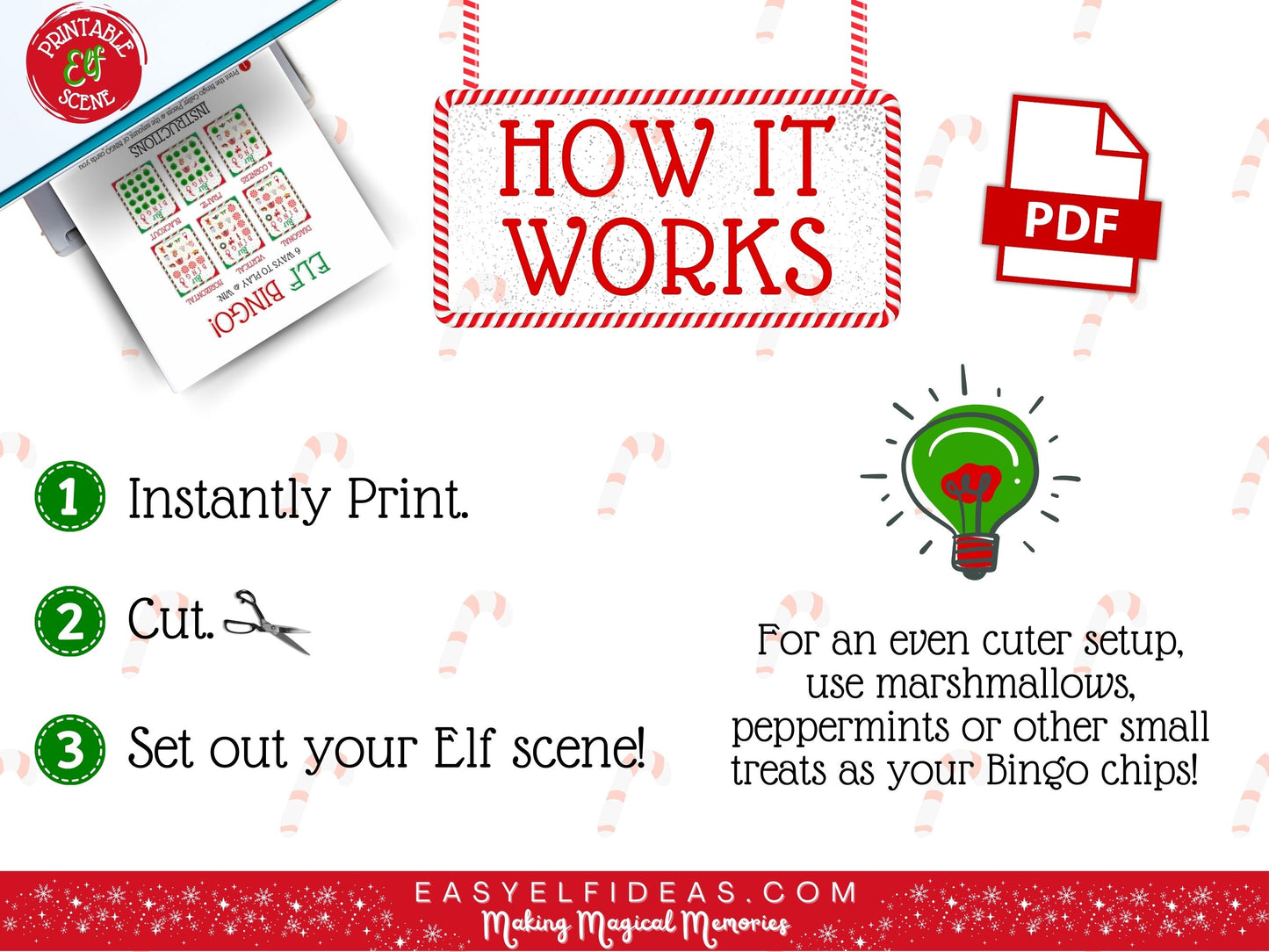 Instructions for setting up an Elf scene with printed materials and decorative items.