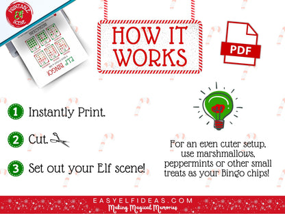 Instructions for setting up an Elf scene with printed materials and decorative items.