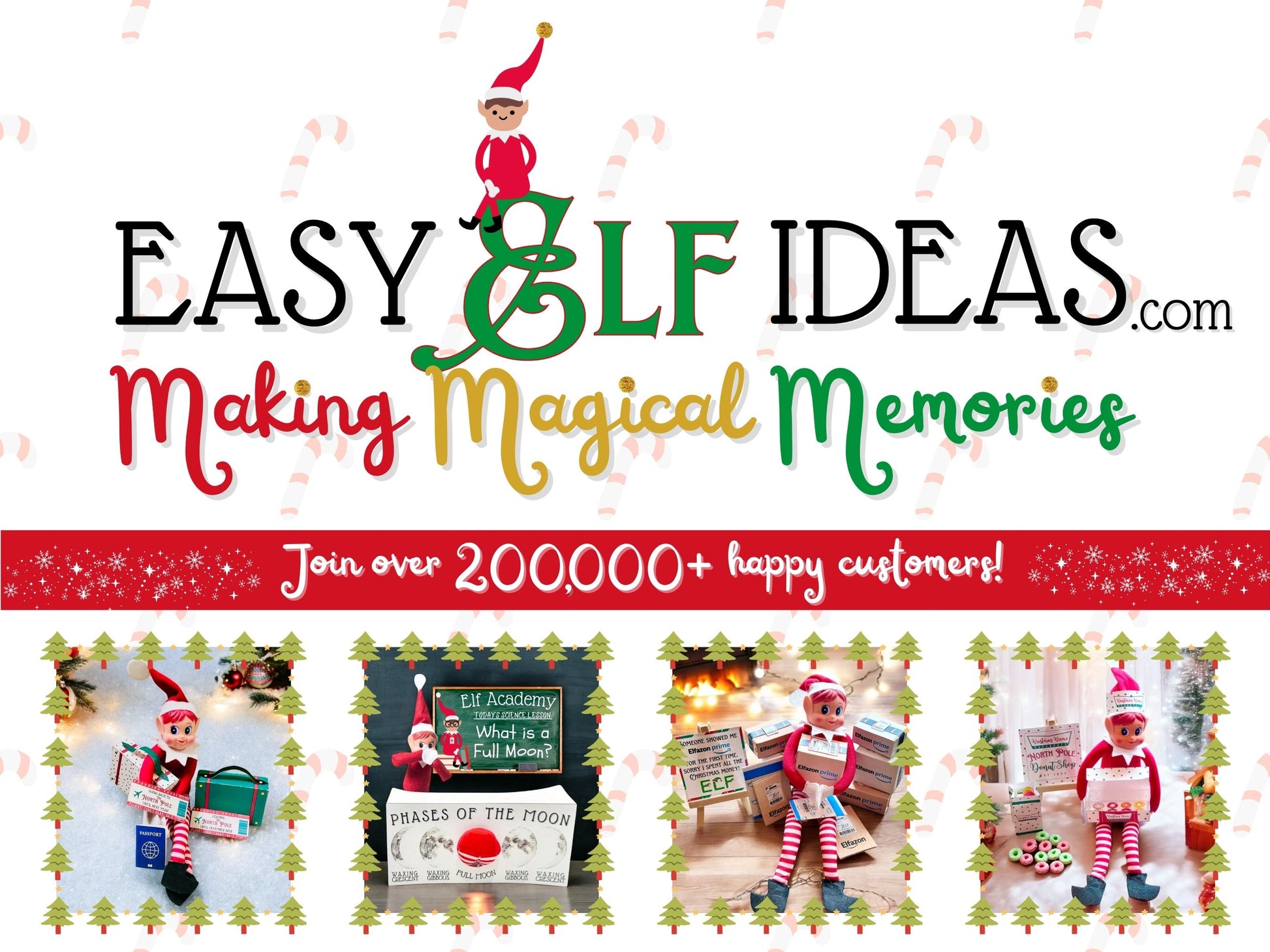 Promotional graphic for 'Easy Elf Ideas' with Christmas elves and text about making magical memories.