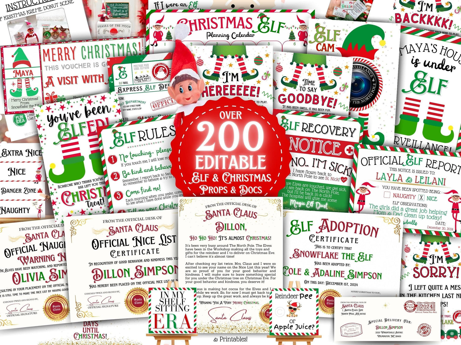 Editable Christmas elf letter bundle with arrival and goodbye notes, nice list certificate, and printable props for kids’ holiday fun