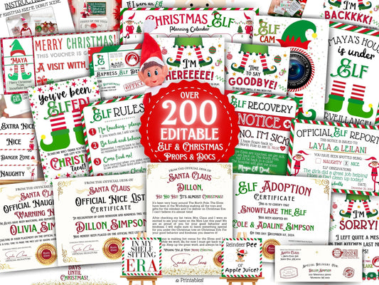Editable Christmas elf letter bundle with arrival and goodbye notes, nice list certificate, and printable props for kids’ holiday fun