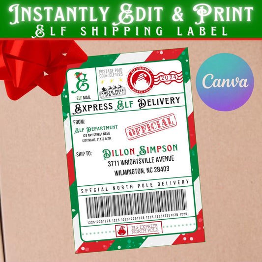 Editable elf shipping postage label template, printable PDF with North Pole express delivery design, fun Christmas prop for kids and families