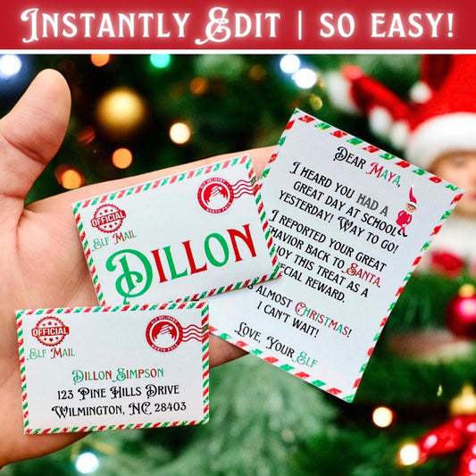 Editable mini elf letter and printable envelope template for Christmas props