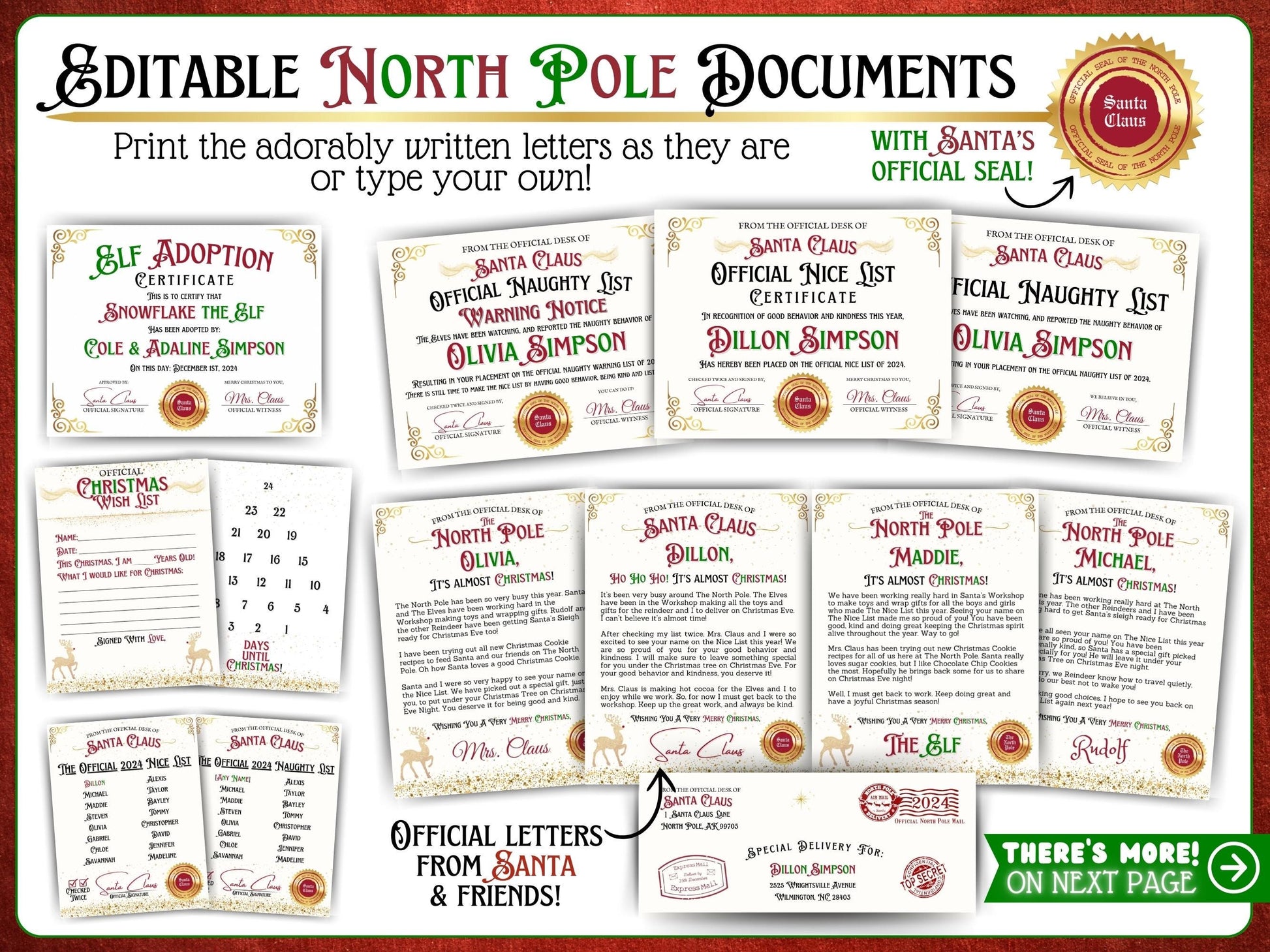 Editable elf arrival and goodbye letters for kids, customizable templates in a printable PDF, part of the ultimate elf letter bundle, letters from santa, official nice list