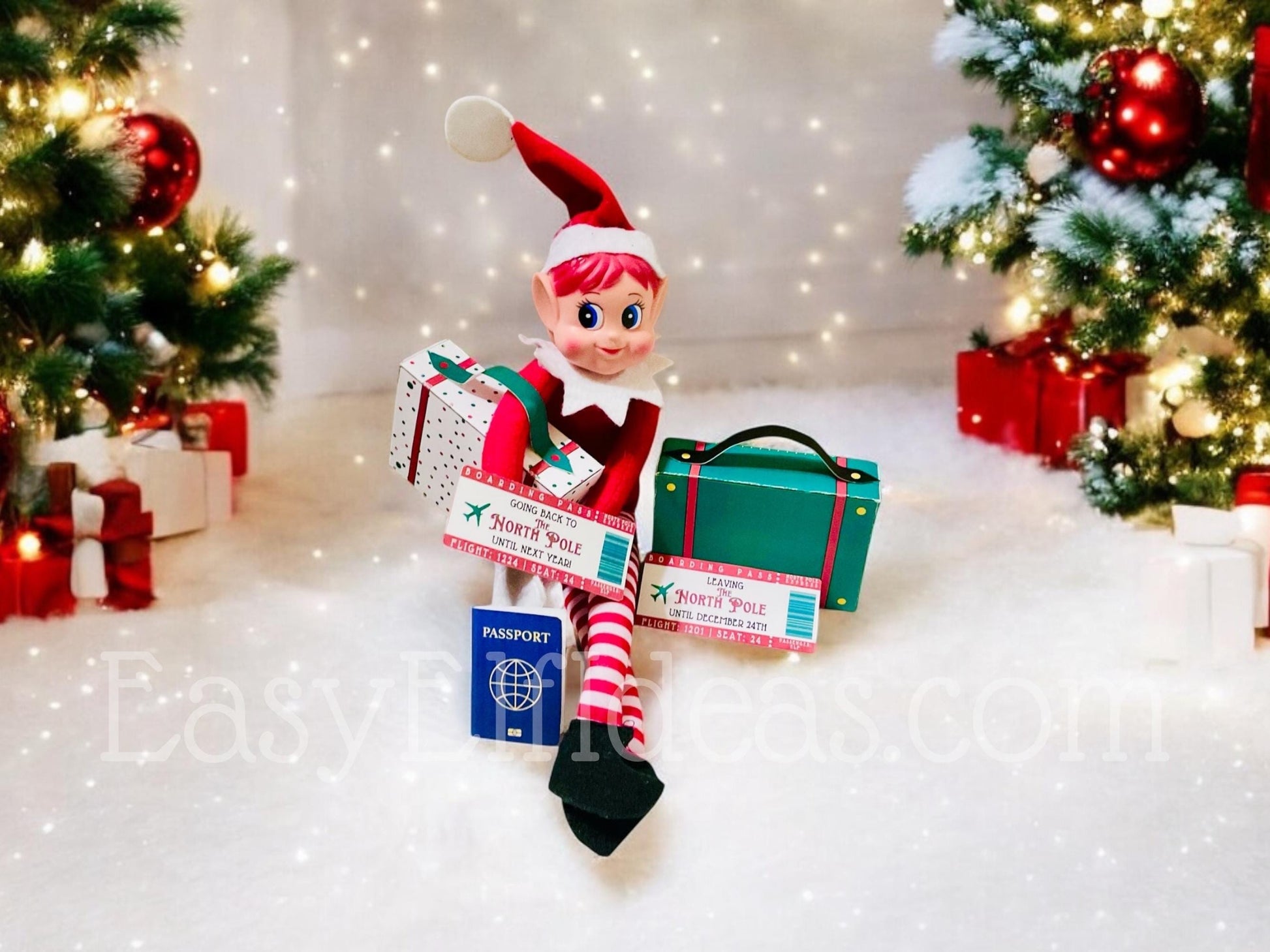 Instant download elf arrival and goodbye travel scene props including suitcase, passport, and boarding passes