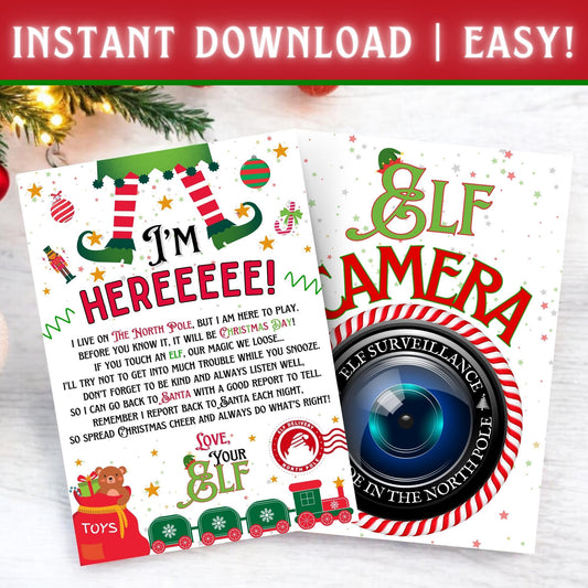 Printable Elf arrival letter and Elf Cam behavior surveillance sign bundle for Christmas props