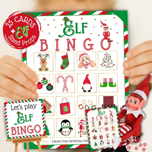 Elf Christmas Bingo printable game with 25 full-size bingo cards, caller pieces, peppermint chips, and elf props, instant PDF download.