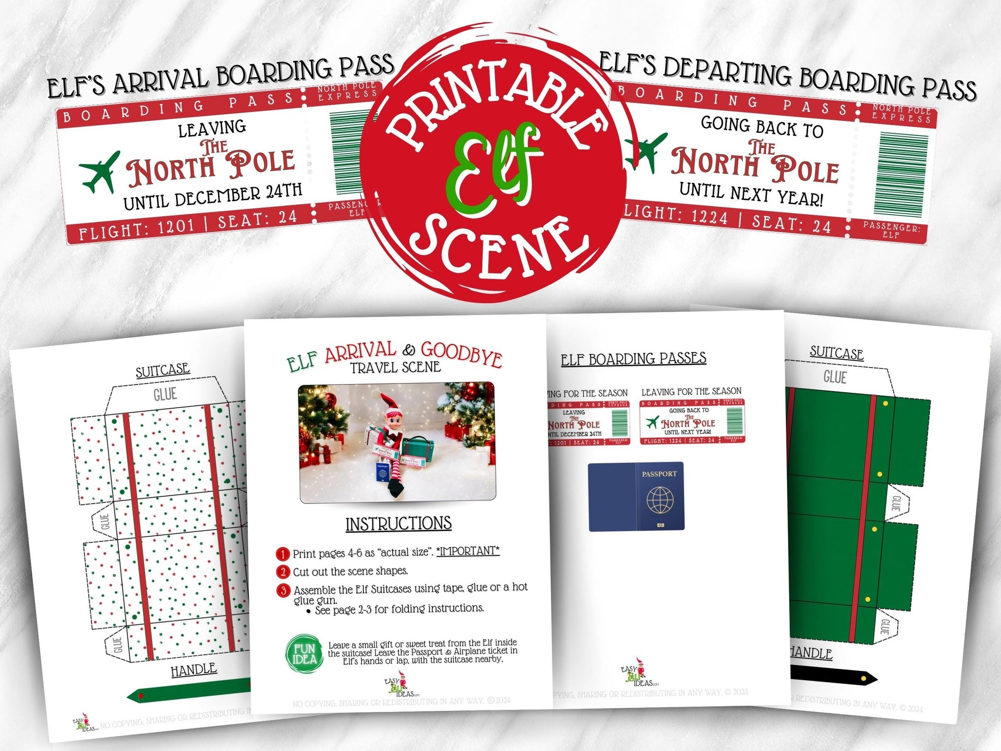 Printable elf boarding pass ticket templates for Christmas elf travel scenes, arrivals, and goodbyes