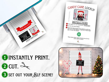 Funny elf candy cane lockup printable props for Christmas parties, kids activities, and holiday decor, easy digital download PDF