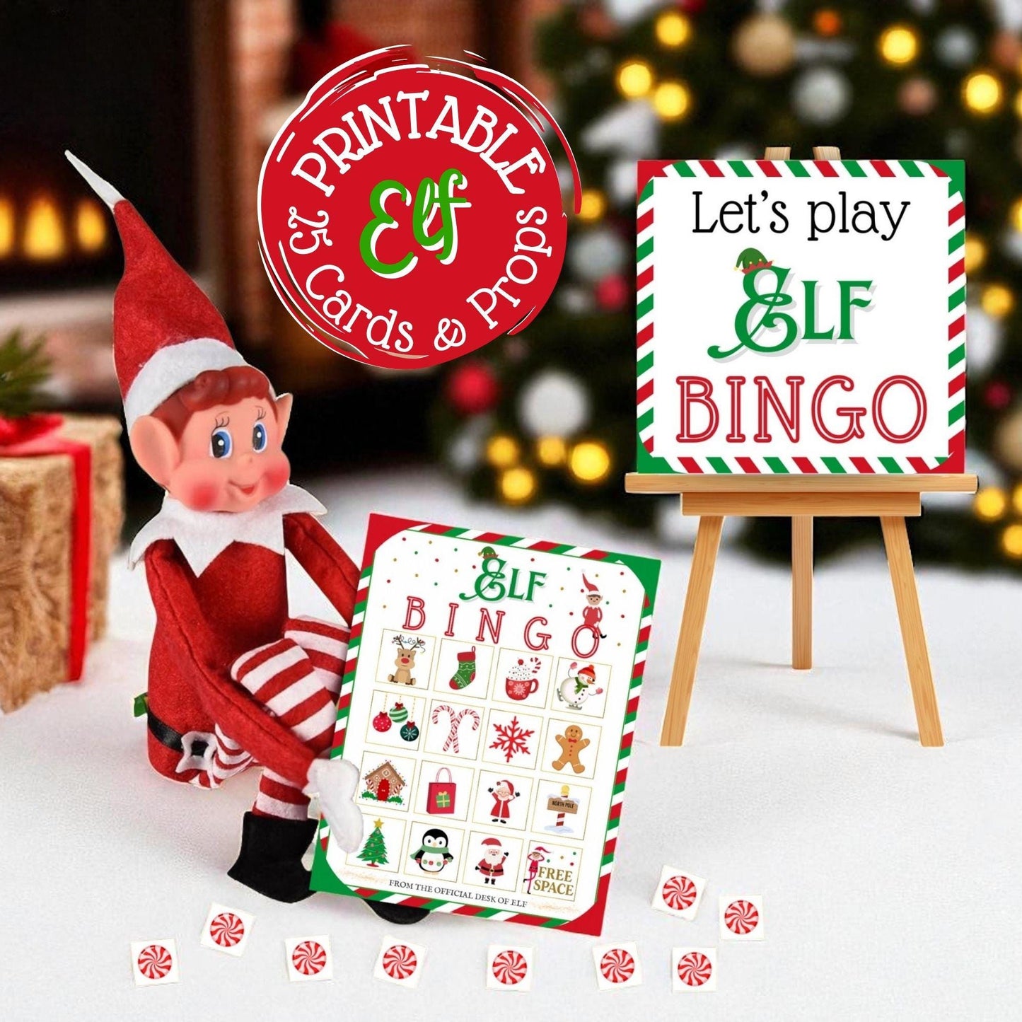 Printable Elf Christmas Bingo Game with full size bingo cards and mini elf sized props for kids, adults, classroom and holiday parties