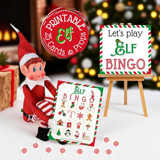 Printable Elf Christmas Bingo Game with full size bingo cards and mini elf sized props for kids, adults, classroom and holiday parties