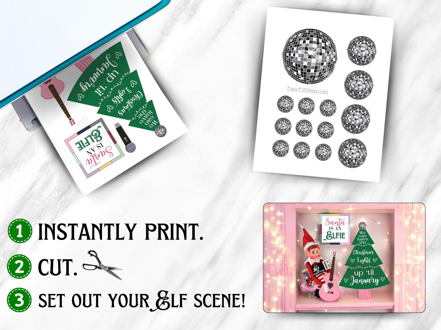 Printable elf concert props including microphone, event ticket, and mini sign for holiday elf activities