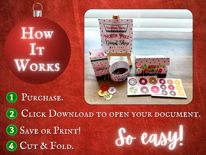 Elf-sized printable donut props including box, bag, sign, and hat templates. DIY Christmas elf setup idea in instant download PDF.